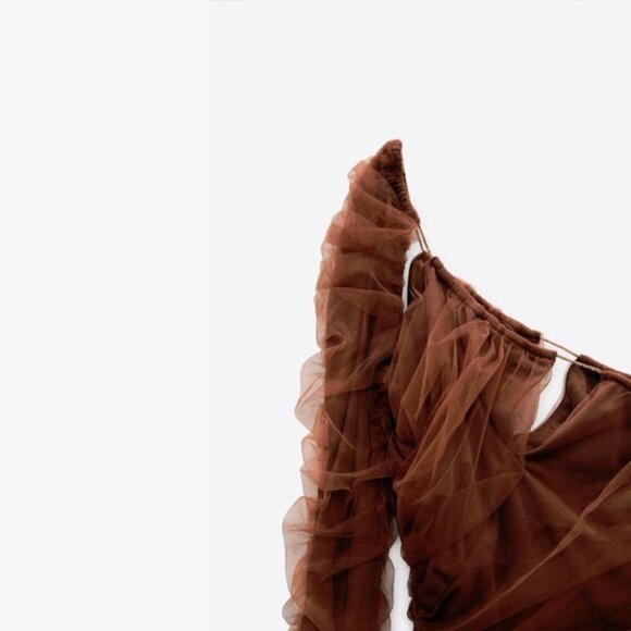 NWT Zara brown cut out tulle single sleeve mini dress, L - Picture 6 of 8